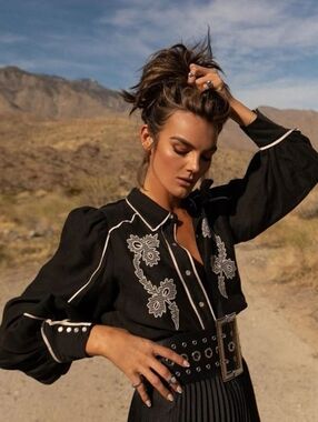 C/MEO Collective Black Western Embroidered Button Blouse